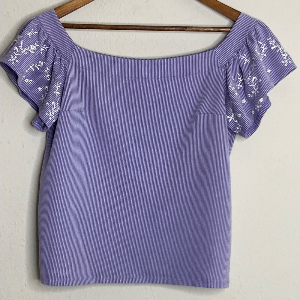 Express Women's Size M Purple Shirt with White Stripes and Floral Sleeves